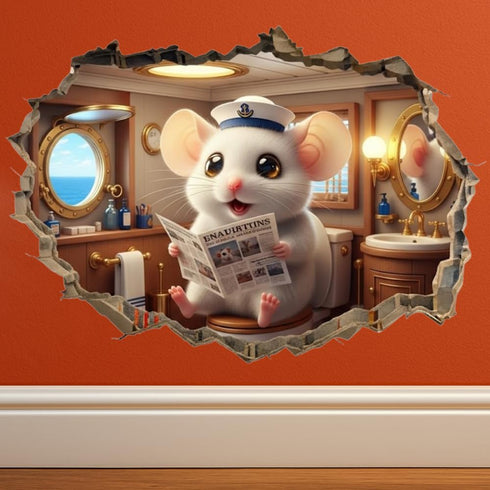 3D Mouse Sitting on Toilet in Mouse Hole Decal, Mouse Hole Sticker with Effect, Funny Gift, Potty Training Gift Idea
