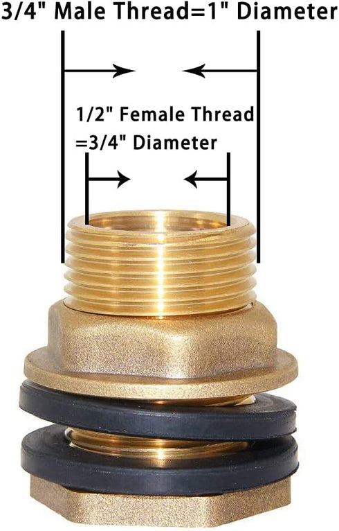 Joywayus 1/2" Female to 3/4" Male Solid Brass Water Tank Connector, Threaded Bulkhead Fitting with 2 Rubber Rings