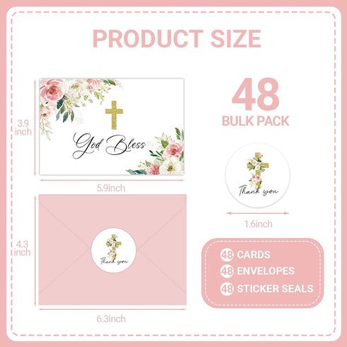 SMUAENSS 48 Pack Communion Christian Thank You Cards, Watercolor Pink Floral Cross Baptism Thank You Cards