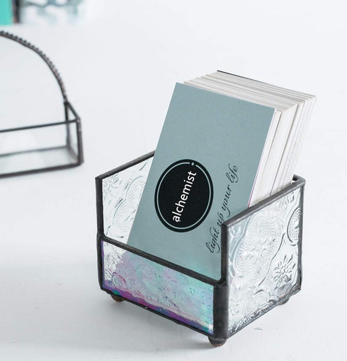 Vintage Stained Glass Business Card Holder, Mosaic Glass Name Card Display Holder for Office, Retro Black