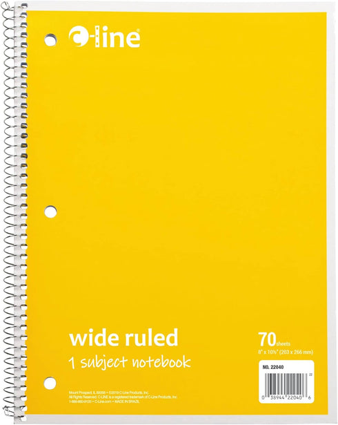 C-Line 1 Subject Notebook, 8 x 10-1/2 Inches, Wide Ruled, Yellow, 70 Sheets by C-Line