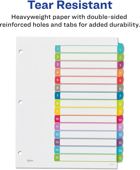 Avery Dividers for 3 Ring Binders - 15 Tabs per Set, Customizable Table of Contents, Multicolor Arched Tabs