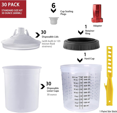 30 6 1 1 (30) Disposable Paint Mixing Cup Kit,HVLP Paint Sprayer Gun Mixing Cups with Cups and Lids System, Plugs