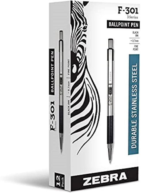 Zebra F-301 1.0mm Stainless Steel Ballpoint Pen - Black (Box of 12)