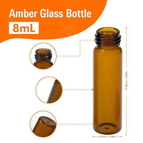 20 PCS 8ML (2 dram) Amber Small Liquid Sample Glass Vials with Screw Caps, 17mmx 60mm Leak-Proof Vial, 15-425 Black Screw Cap with PE Liners for Lab, Essential Oil, Perfume, Reagents