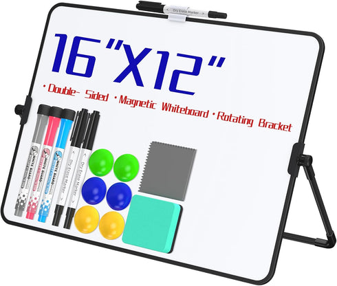 Dry Erase White Board - 12" x 16" Magnetic Desktop Easel with 6 Markers, 6 Magnets, 1 Eraser for Office