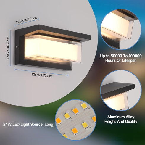FUPE 24W 3-Color 2200LM IP65 Dimmers 1 Pack Outdoor Lights for House Exterior Lighting Fixtures Adjustable Waterproof