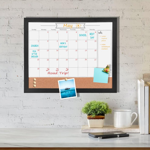 Monthly Calendar Dry Erase White Board & Cork Bulletin Board, 13" x 17" Black Wood Frame, Magnetic Surface