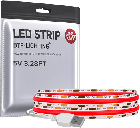 BTF-LIGHTING FCOB USB Powered Red Color COB LED Strip Lights 3.28FT 320LEDs