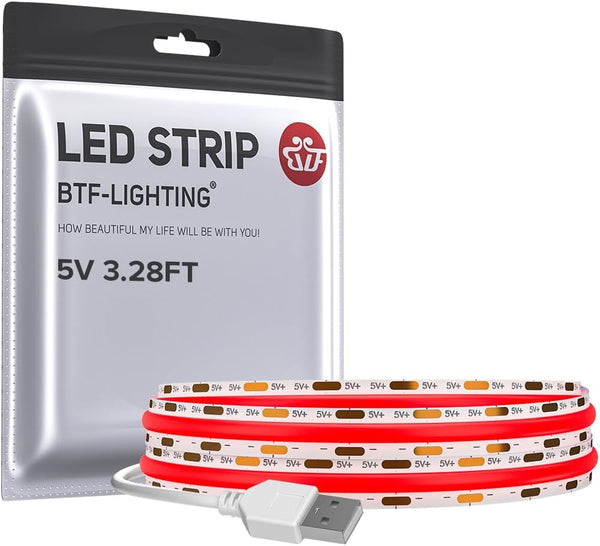 BTF-LIGHTING FCOB USB Powered Red Color COB LED Strip Lights 3.28FT 320LEDs
