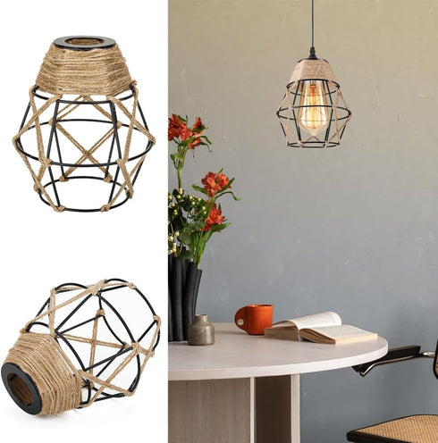 Aksipo 1 Pack E27 Industrial Hemp Rope Pendant Lamp Shade, Small Vintage Boho Hanging Light Shades, Mini Rustic Metal