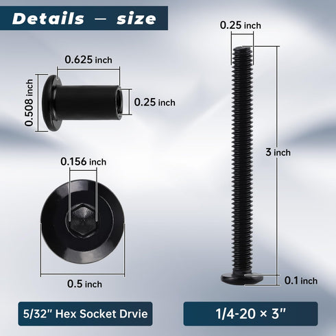 Glvaner 1/4-20 3 10 304 18-8, x Furniture Connector Bolts and Barrel Nuts Kit - Pairs, Stainless Steel Black Coated