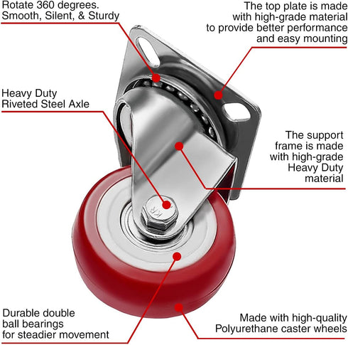 8 Pack Caster Wheels Swivel Plate Casters on Red Polyurethane Wheels