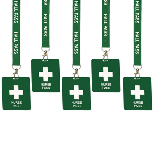 Hall Pass Lanyards Set with Card Passes, Unbreakable Classroom Passes for Teacher Parents (5 Pcs, Nurse)
