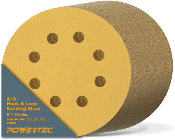POWERTEC 44001XG-100, 100 PK, 5 Inch 8 Hole Hook and Loop Sanding Discs, Assorted Grits for Air Sanders