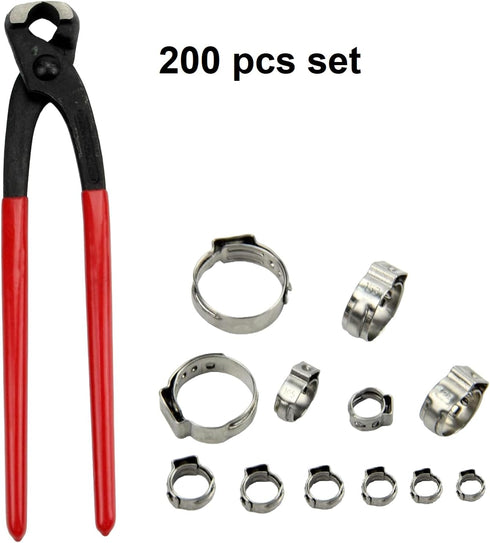200 Pcs 304 Stainless Steel Stepless Single Ear Hose Clamps with Pincers Crimper Tool Kit for Automotive