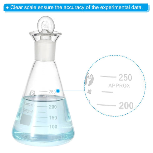 PATIKIL 250ml Erlenmeyer Flask, 8.5oz Narrow Mouth Graduated Flask with Glass Stopper for Lab Experiment