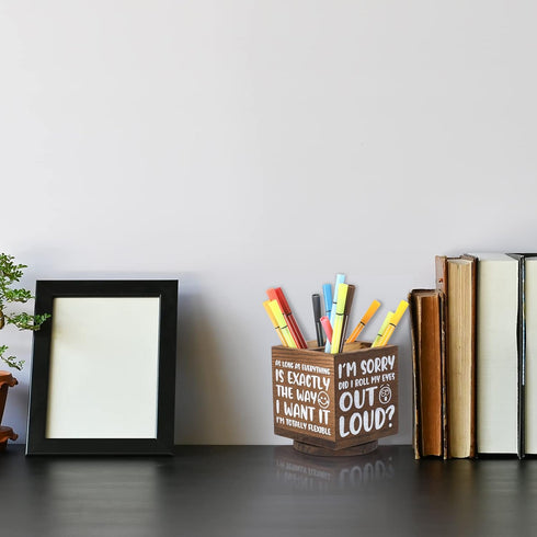 Wooden Spinning Pen Holder for Desk, Cute Organizer and Funny Desk Decor, Pencil Case Art Supply Storage (Brown)