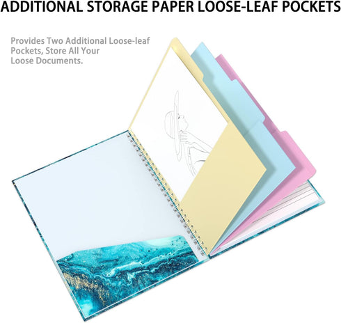 Rimilak Spiral Clipboard Folio with Refillable Lined Notepad, 14.5 x 9.8 Inch Teal Marble Clipfolio with 5 Pockets