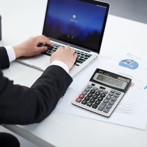 Desk Calculator, 12 Digit Extra Large LCD Display, Big Buttons, PXY Two Way Power Battery and Solar for Office