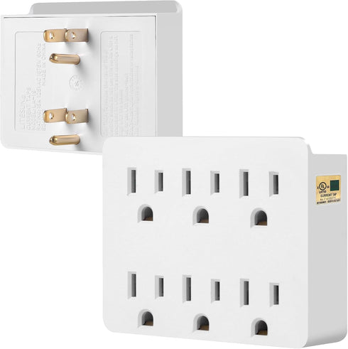 6 Outlet Wall Adapter, FiiMan UL Listed 3-Prong Grounded Outlet Side Access Adapter, White