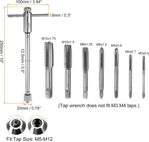 T-Handle Ratchet Tap Wrench + Metric Tap Set, 7pcs M3 M4 M5 M6 M8 M10 M12 Thread Taps and M5-M12 Adjustable 10" Long Ratcheting Wrench Hand Tapping Tools by HARFINGTON