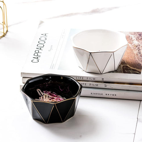 Geometric Ceramic Paper Clip Holder with Gold Line, Cute Paper Clip Dispenser for Desk, White Office Organizer