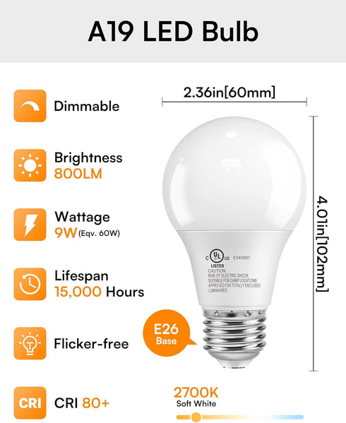A19 Dimmable Bulbs, E26 Bulbs 60 2700K, 800 Lightbulbs, 9W, 120V, 15,000 4 Pack TJOY LED Light Led Watt Equivalent