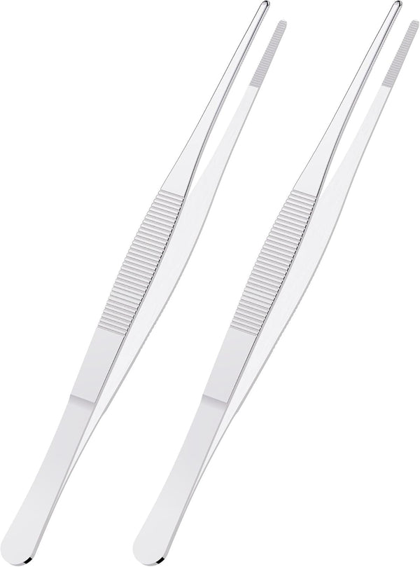 2 PCS 5 Inch Stainless Steel Tweezers with Straight Round Blunt Serrated Tip, Multipurpose Daily Garden Home Lab Craft