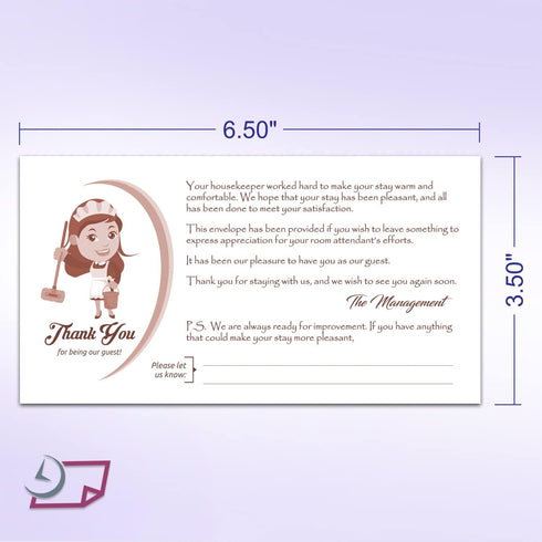 Thank You Tip Envelopes for Hotel and Motel – Housekeeping Gratitude envelopes measures 3-1/2" X 6-1/2", Bright White, 24lb. - Gummed Flap (Pack of 100)