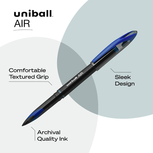 uniball Air Porous Roller Ball Pen, Medium 0.7 Mm, Blue Ink, Black Barrel, Dozen