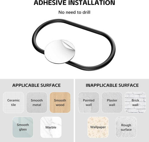 2 Packs Adhesive Towel Holder Matte Black Hand Towel Holder for Bathroom Wall Stainless Steel Towel Ring for Bathroom