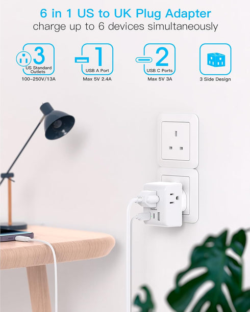 US to UK Ireland Travel Plug Adapter, Type G Power Plug Adapter with 3 Outlets 3 USB Ports(2 USB C), European Travel Plug Adapter for USA to England London Scotland British Qatar Irish Hongkong
