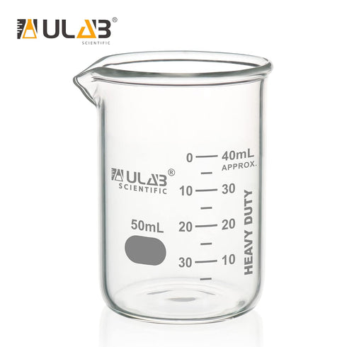ULAB Heavy Duty Glass Beakers, 10pcs of 50ml (1.7oz), Borosilicate 3.3 Glass, Thick Wall with Double Scale