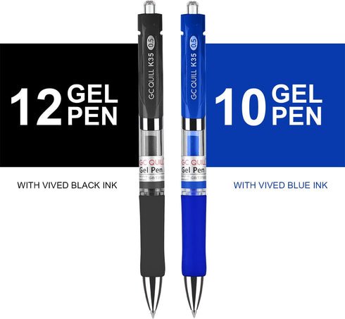 GC QUILL Gel Ink Pens, Premium Refillable & Retractable, 0.5mm Fine Point, 12 Black & 10 Blue Ink Pens