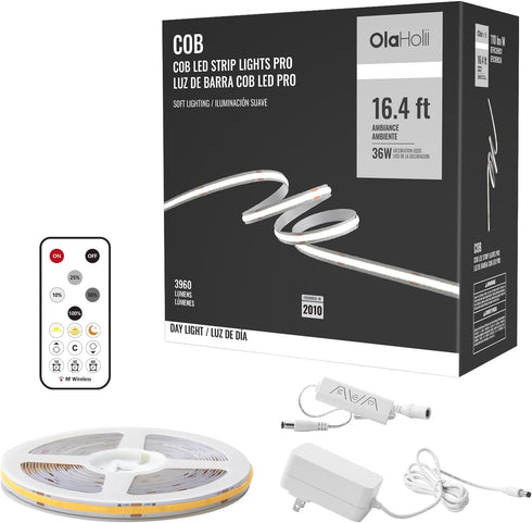 Olaholii 16.4ft COB Led Strip Light with Remote, 6500K Ra93+ Dimmable Bright Daylight
