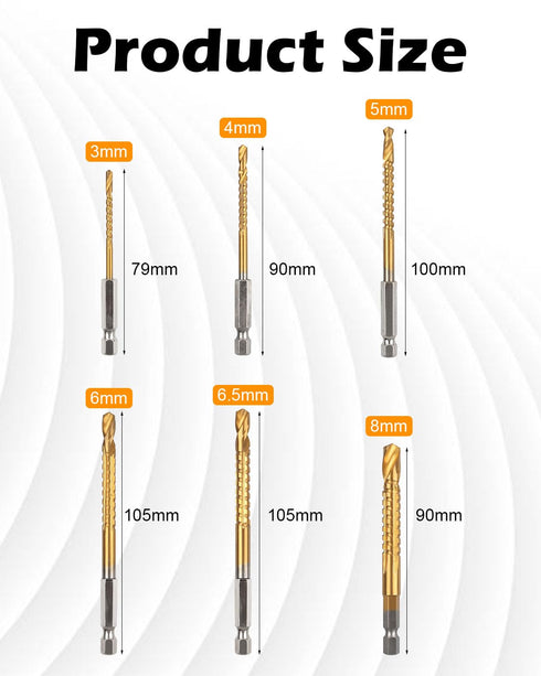 6 Pack Titanium Coated HSS Twist Drill Bit, 3-8mm Hex Shank for Wood Metal Plastic Hole Cutting