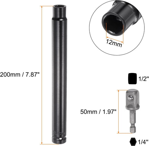 2pcs Extra Long Hollow Socket, 12mm x 200mm Deep Well Impact Nut Driver with 1/4" Quick-Change Hex Shank Power Drill Adapter