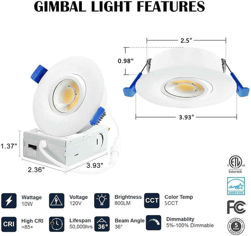 3 Inch 5CCT 2700K-6000K Dimmable, 10W, 1 Pack LTpro Recessed Lighting Gimbal LED, Waterproof Shower Light, Adjustable