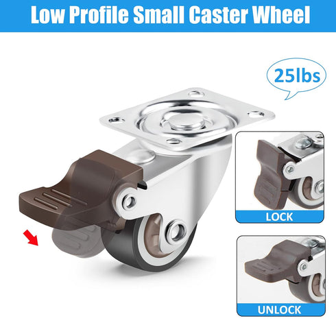 Nefish 4 Pack 1" Small Caster Wheels for Furniture - Low Profile Soft Rubber Casters Swivel Plate Castors Rolling