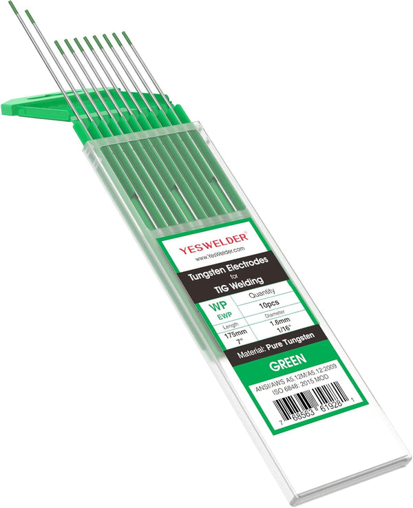 YESWELDER TIG Welding Tungsten Electrode, Pure Tungsten 1/16" x 7" (Green) 10-pack
