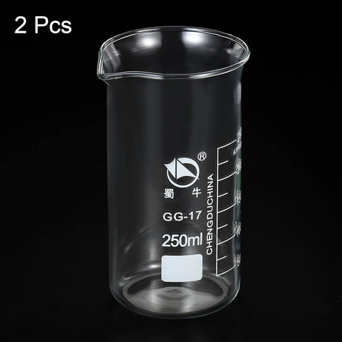PATIKIL 250ml Tall Form Glass Beaker, 2 Pack 3.3 Borosilicate Glass Graduated Measuring Cups with Spout for Kitchen