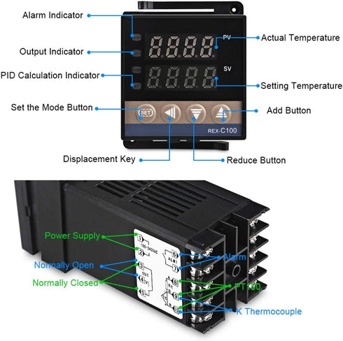 REX-C100 Digital Display PID Temperature Controllers Thermostat Regulator 100-240V + K Sensor Thermocouple + 40A SSR