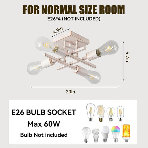 4-Light E26 Industrial Semi Flush Mount Ceiling Light Fixture, Modern White Gold Chandelier Lighting, Farmhouse Sputnik