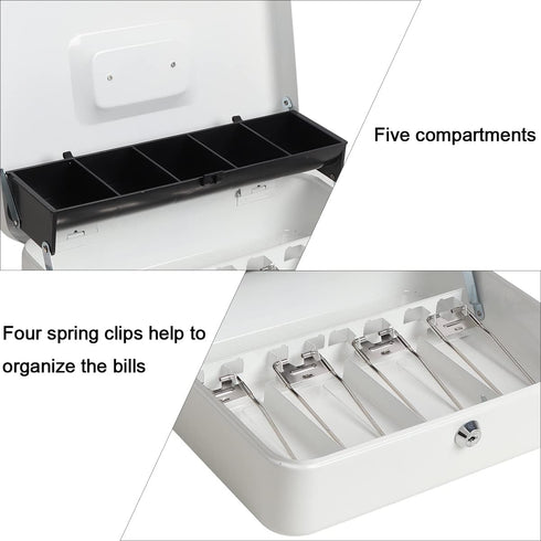 Cash Box with Key Lock, Durable Metal Cash Box with Money Tray, Lock Box Safe Storage Security Locker with Cable, White
