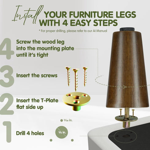 Yes4All 4 Inches Set 4 Round Wood Furniture Legs of - Wooden Replacement Feet for Couch, Bed, Bench - Adjustable Sofa