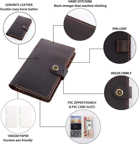 Leather Journal Refillable Writing Notebook, A6 Personal Size, 6 Ring Binder Spiral Notebook, Handmade Genuine Leather