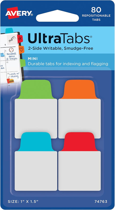Avery Mini Ultra Tabs, 1" x 1.5", 80 Repositionable Tabs, Assorted Primary Colors, 2-Side Writable (74763)