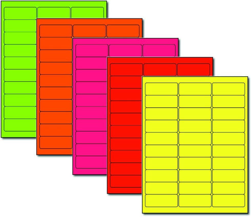 Fluorescent Address Labels - 1" x 2-5/8" - 30 Per Sheet - Bright Neon Color Mailing Stickers - Inkjet/Laser