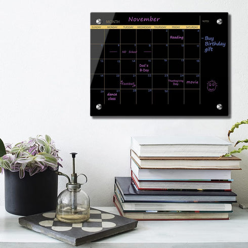 Okydoky 12" x 16" Glass Dry Erase Whiteboard, Black Glass Monthly Calendar for Home, School, Office